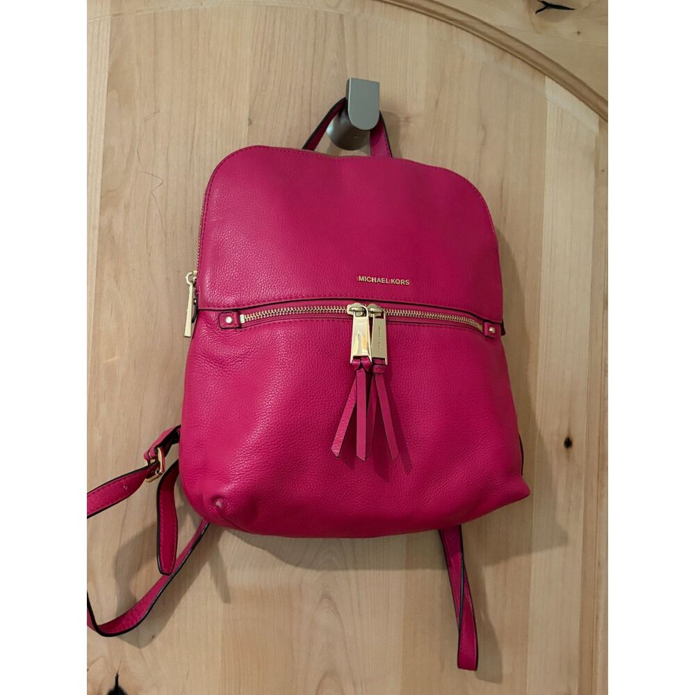 Michael Kors Rhea Medium Pebbled Leather Backpack Bright Pink Gold Hardware EUC